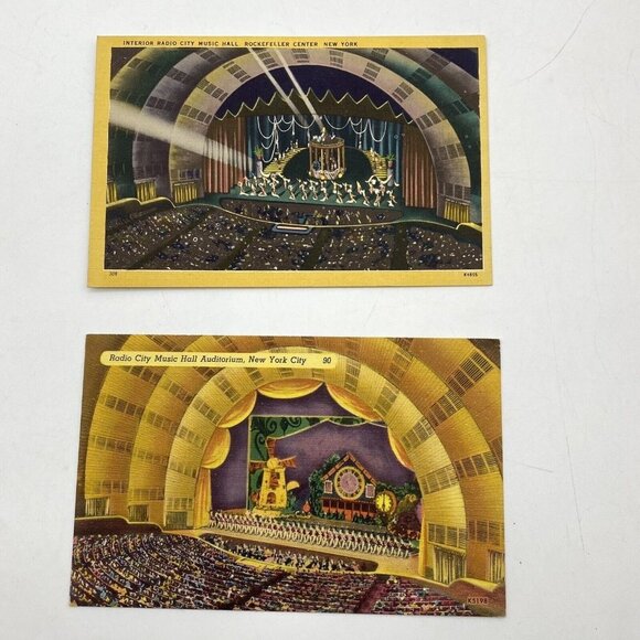 Vintage Radio City‎ Music Hall Postcard Rockefeller Center NY Lot Of 2 Linen - Picture 1 of 11